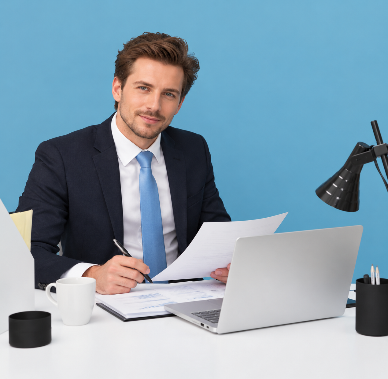 Accountant reviewing financial documents at a desk